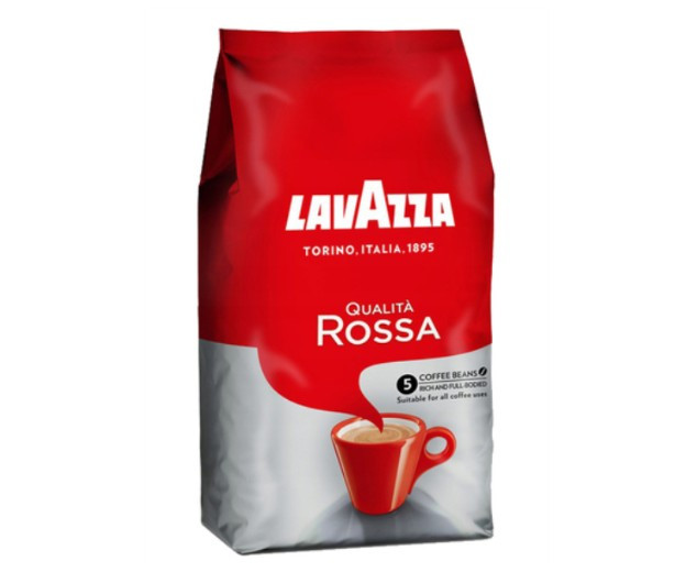 Red Lavazza Qualita Rossa coffee bag with a cup beside it.