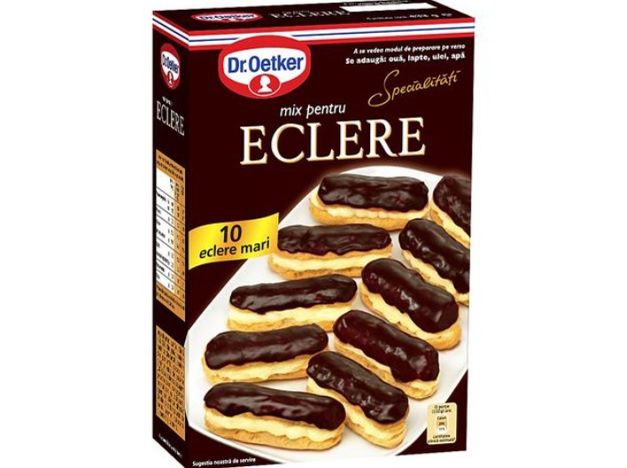 Dr. Oetker mix for Eclere, with ten large eclairs on a plate and box.