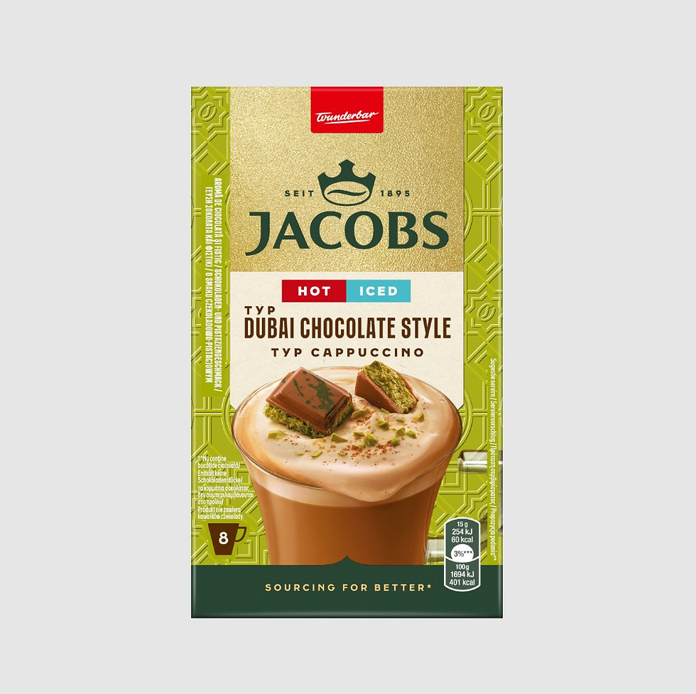 Jacobs Dubai Chocolate Style Typ Cappuccino coffee. Hot or iced, sourcing for better.