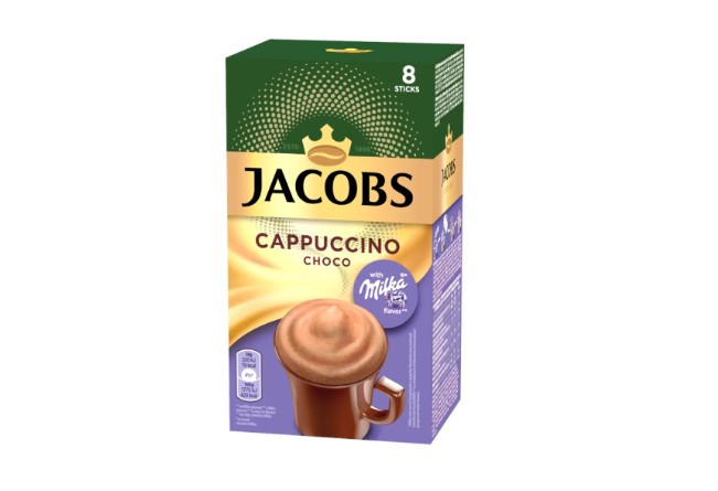 Jacobs Cappuccino Choco drink mix with Milka on a white surface.