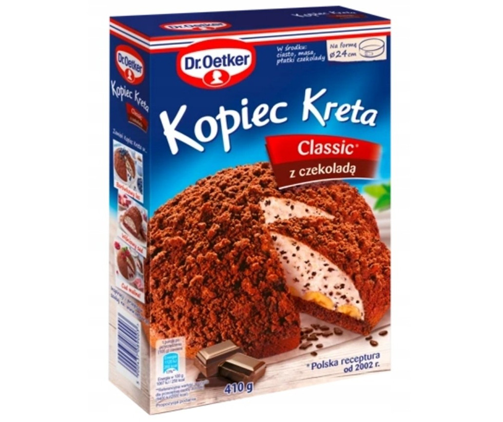 Dr. Oetker Kopiec Kreta Classic z czekoladą cake mix, 410g package with chocolate.
