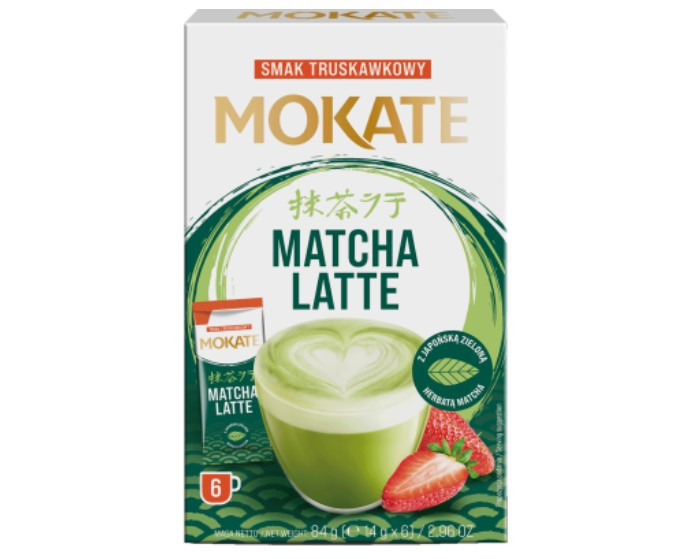Mokate Matcha Latte box with strawberries, green latte, and text visible.
