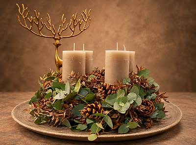 Adventskranz mit cremefarbenen Stumpenkerzen, Eukalyptus, Zapfen, Nüssen, Tannengrün und zurückhaltenden Naturtönen.