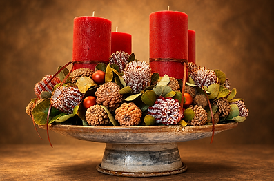 Üppiges Adventsgesteck mit roten Stumpenkerzen, Zapfen, Beeren, Nüssen und bunten Naturmaterialien auf silbernem Fuß.