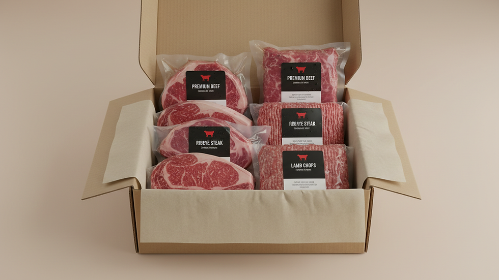 Eye-level view of delivery box with fresh meat packages