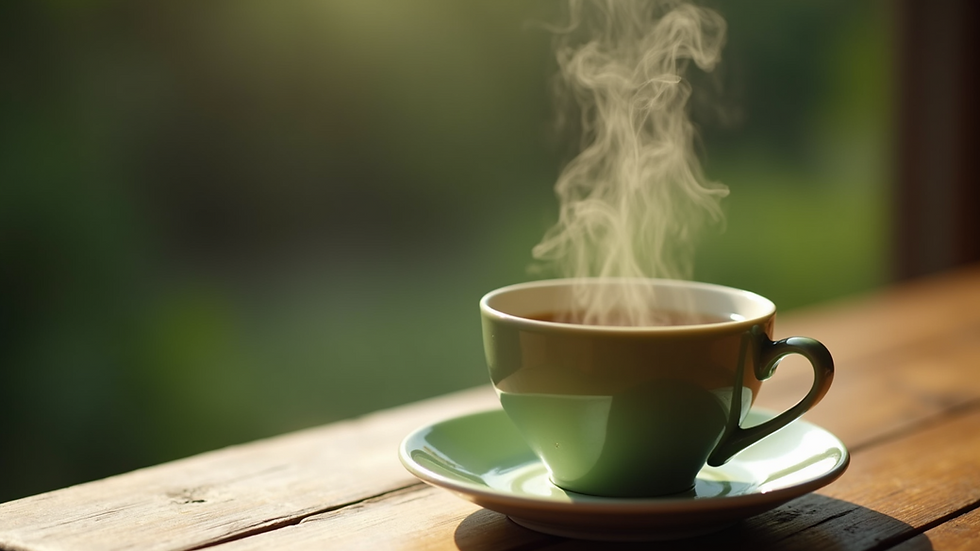 Close-up view of a steaming cup of green tea