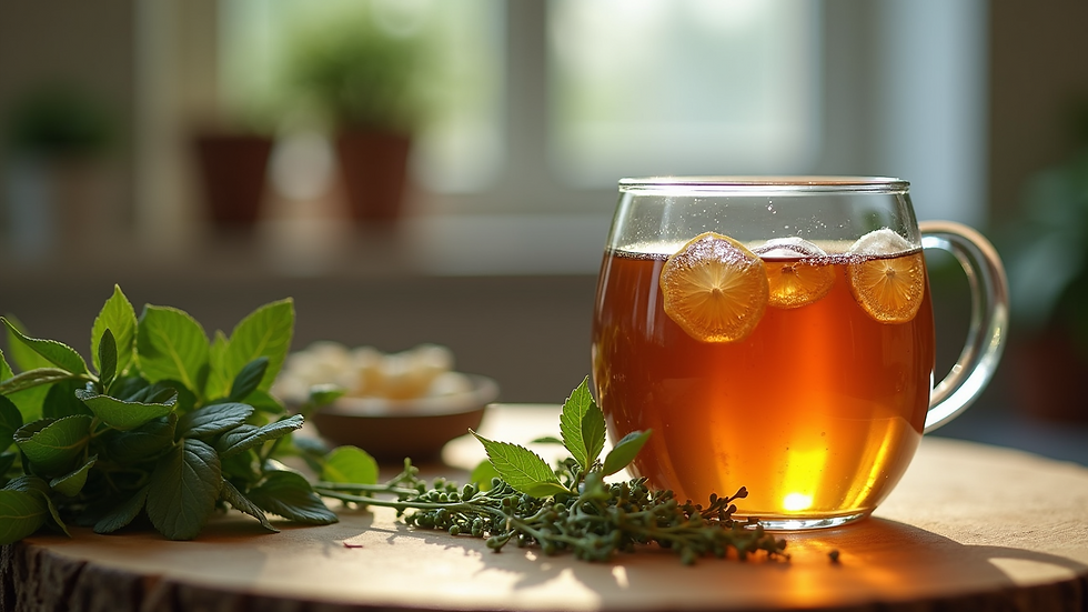Eye-level view of a cold brew tea setup with fresh herbs