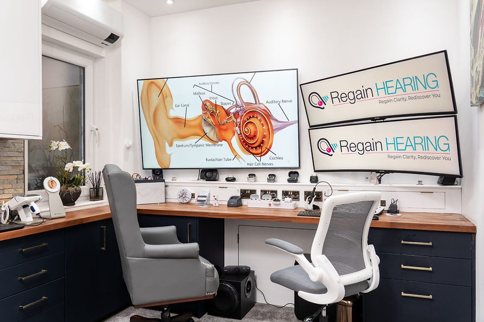 Consultation room with ear anatomy diagram and Regain Hearing screens