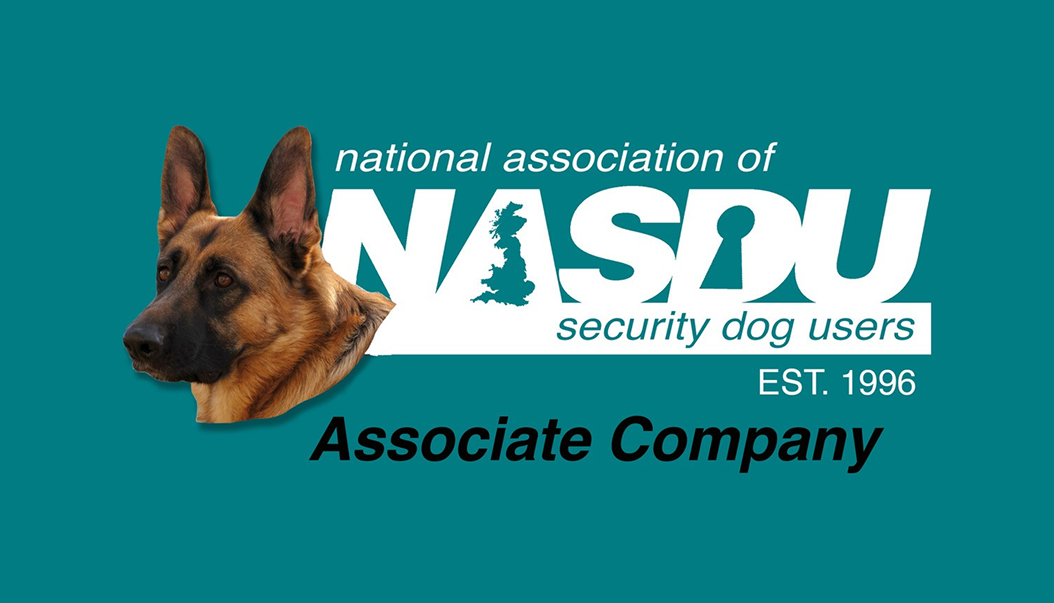 NASDU logo: German Shepherd, National Assoc. Security Dog Users, Est. 1996, Associate Company