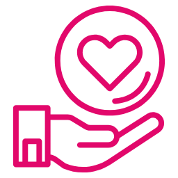 Stylized pink hand holds a circular coin with a central heart.