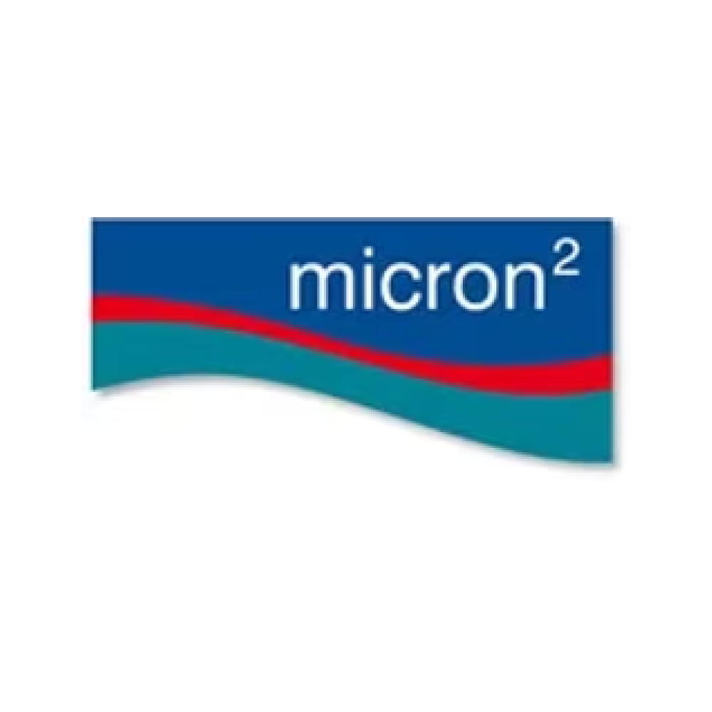 Logo for micron² in blue rectangle with red and teal wave lines.
