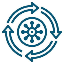 Teal arrows rotating around a wheel, representing a continuous process.
