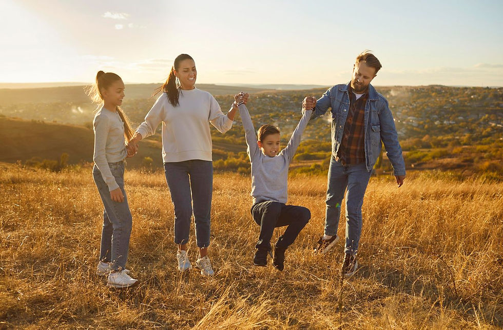 Parents swinging their children in a sunny field