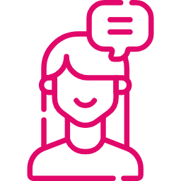 Pink icon of a person with an equals sign in speech bubble.