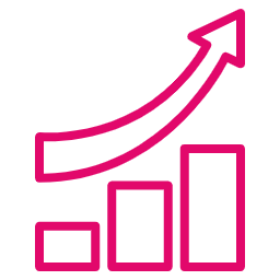 Pink bar chart with an upward trending arrow signifying growth.