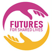 Circular logo with hands supporting "FUTURES FOR SHARED LIVES" text.
