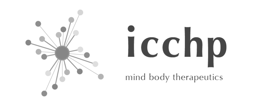 icccp mind body therapeutics logo with network graphic, gray and white.