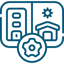 Blue icons representing a computer system, gear, and a house illustration