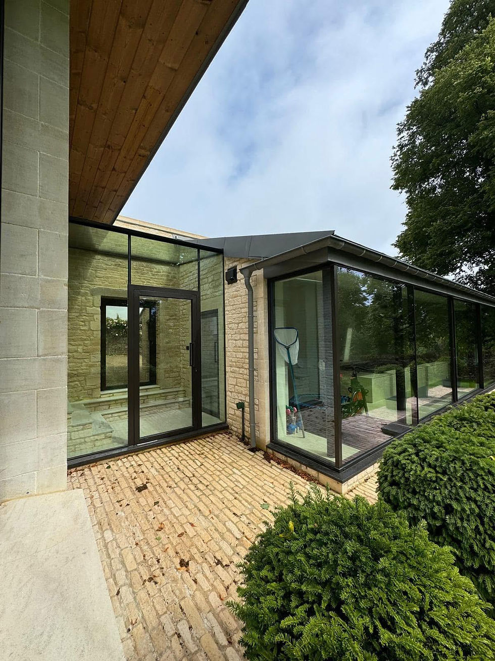 Contemporary building exterior with glass and brick