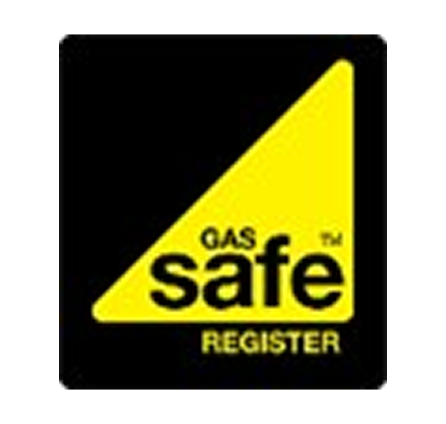 Gas Safe Register logo in a black square and yellow triangle.