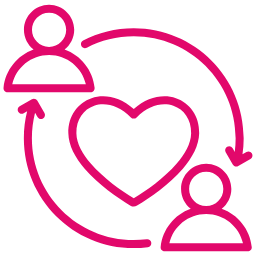 Two pink people icons exchanging love with circular arrows.