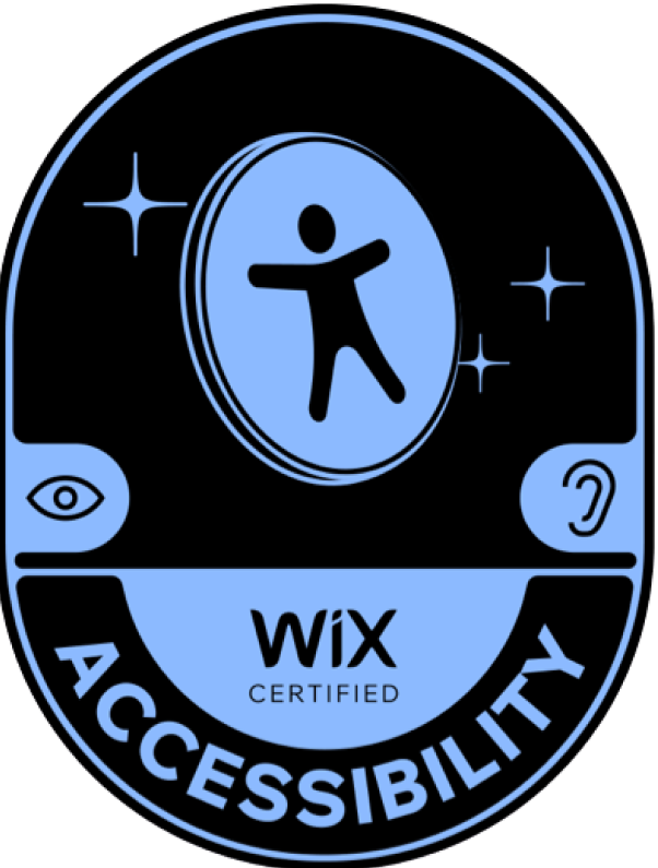 Wix Certified Accessibility badge with eye, ear and person. Accessibility logo for the Wix Guys.
