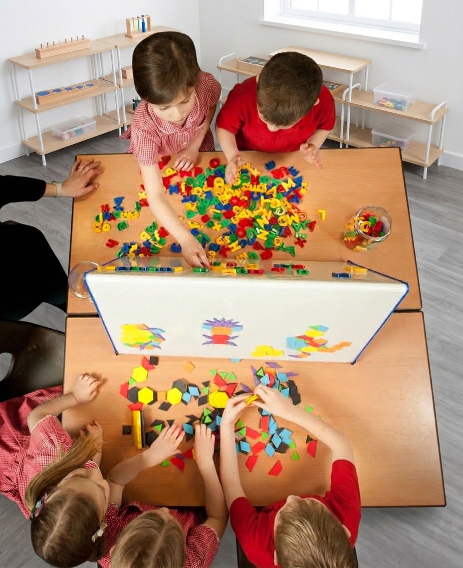 Pupils doing a maths activity with pattern blocks around a Wedge board