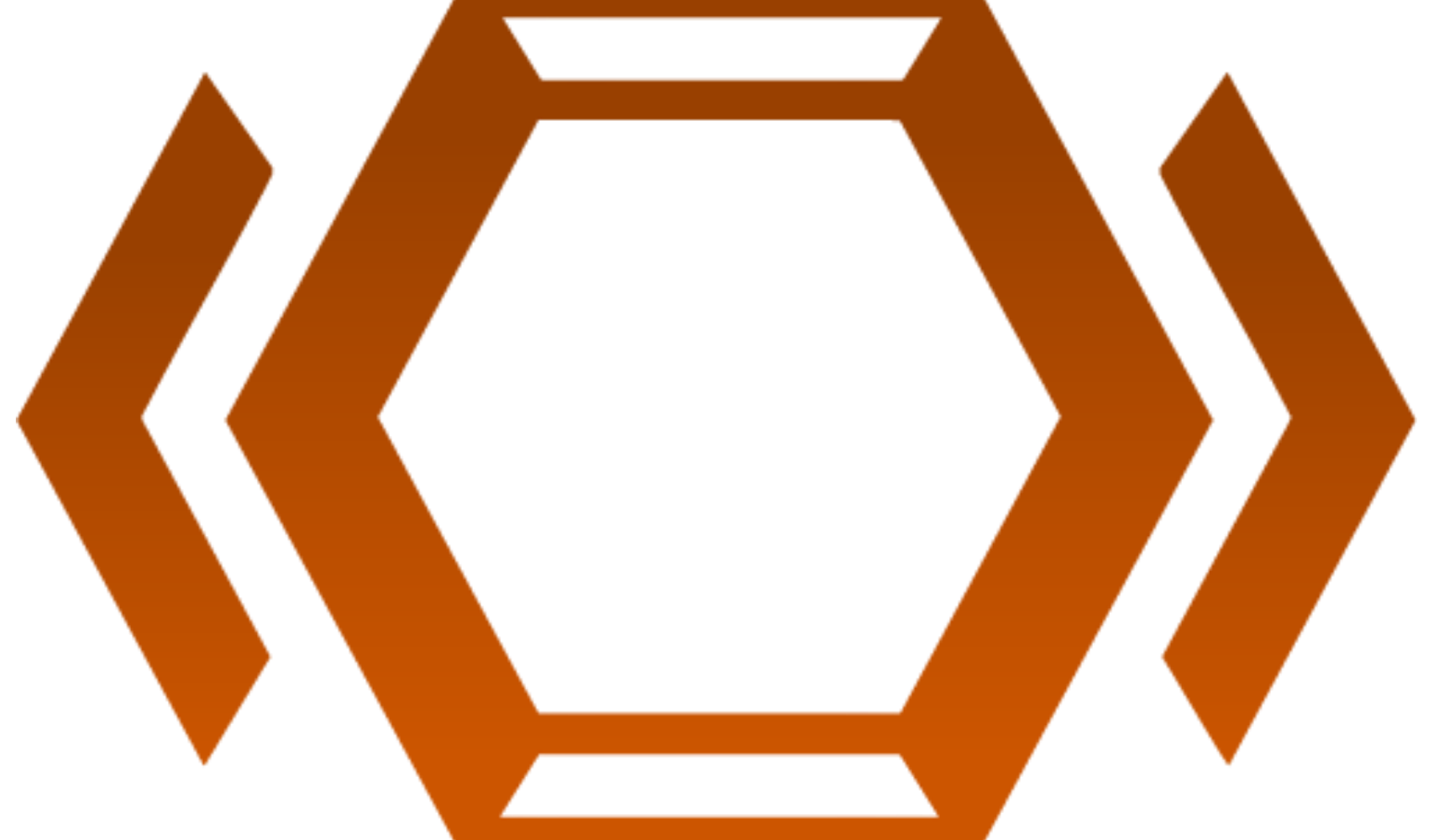 Orange geometric logo of hexagon flanked by two inward-pointing chevrons.
