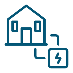 Blue house and electrical box icon on black background, clean energy concept.