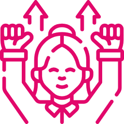 Abstract pink icon resembling a face with outstretched hands.