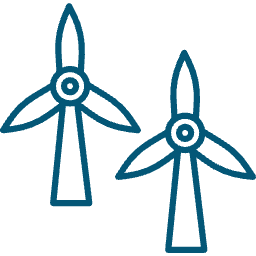 Two teal wind turbines; renewable energy concept against black background