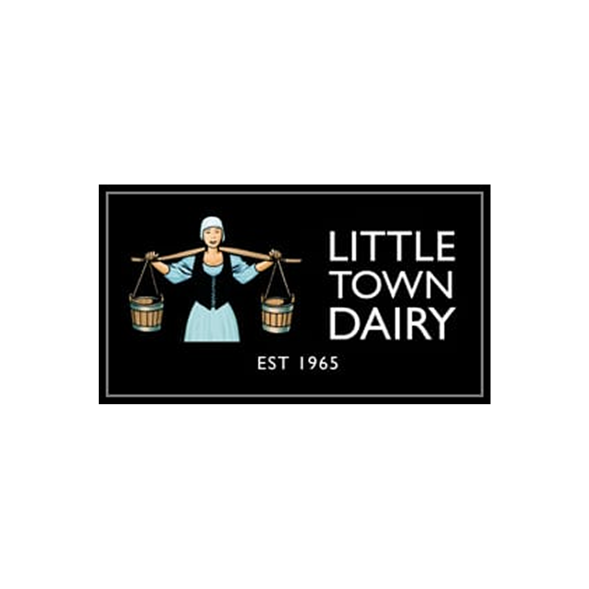 Little Town Dairy logo, woman carrying milk buckets, established 1965.