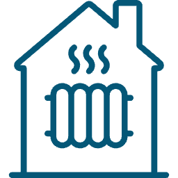 Heated home icon with radiator and warm air inside, HOME.