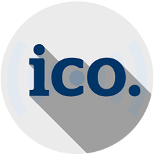 Dark blue text ico. on gray circular icon with signal waves.