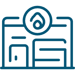 Blue hotel icon, with a circular element on the roof