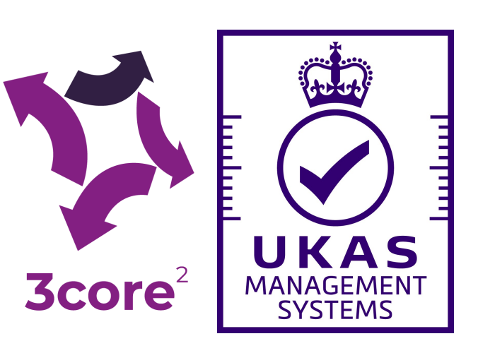 3core² logo with cycling arrows, and UKAS Management Systems logo