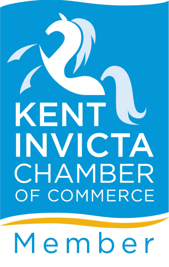 Logo: Kent Invicta Chamber of Commerce, Member. White horse on blue background.