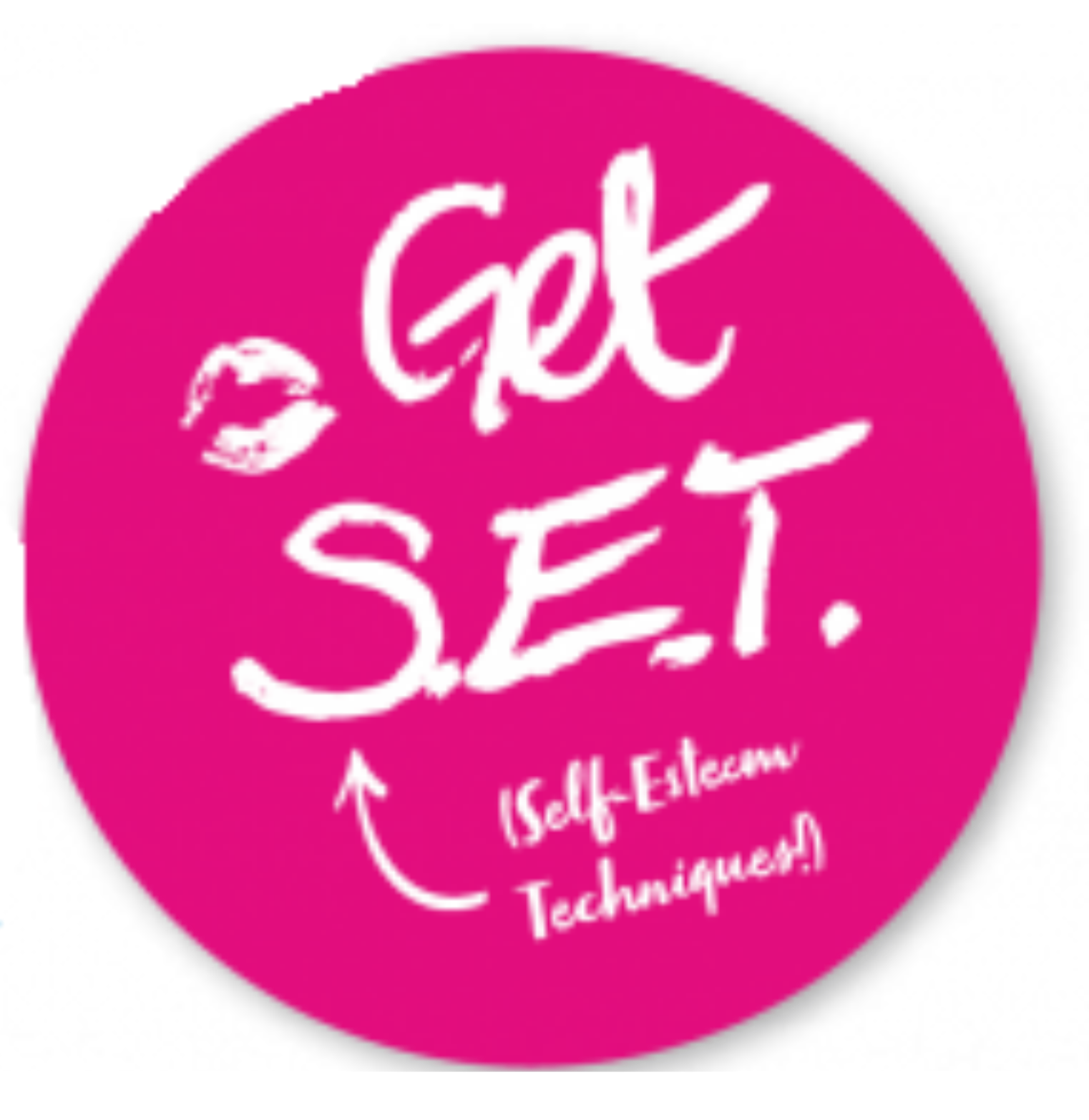 Pink circular logo with kiss mark for Get S.E.T. (Self-Esteem Techniques!).