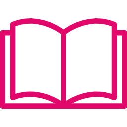 Pink outlined icon of an open book, symbolizing learning.