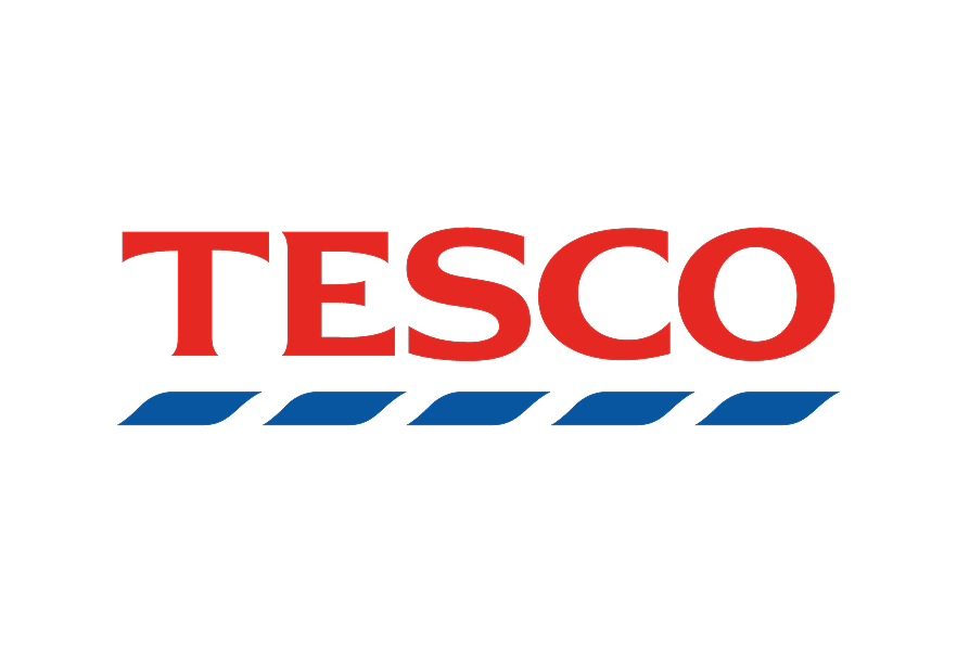 TESCO logo with prominent red textured text and four blue dashes.