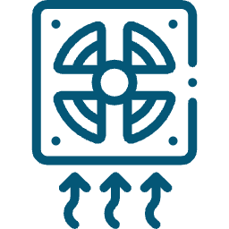 Blue fan icon with arrows, indicating airflow and cooling process.