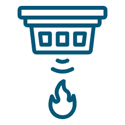 Blue fire alarm symbol, flame and holes, on a black background.