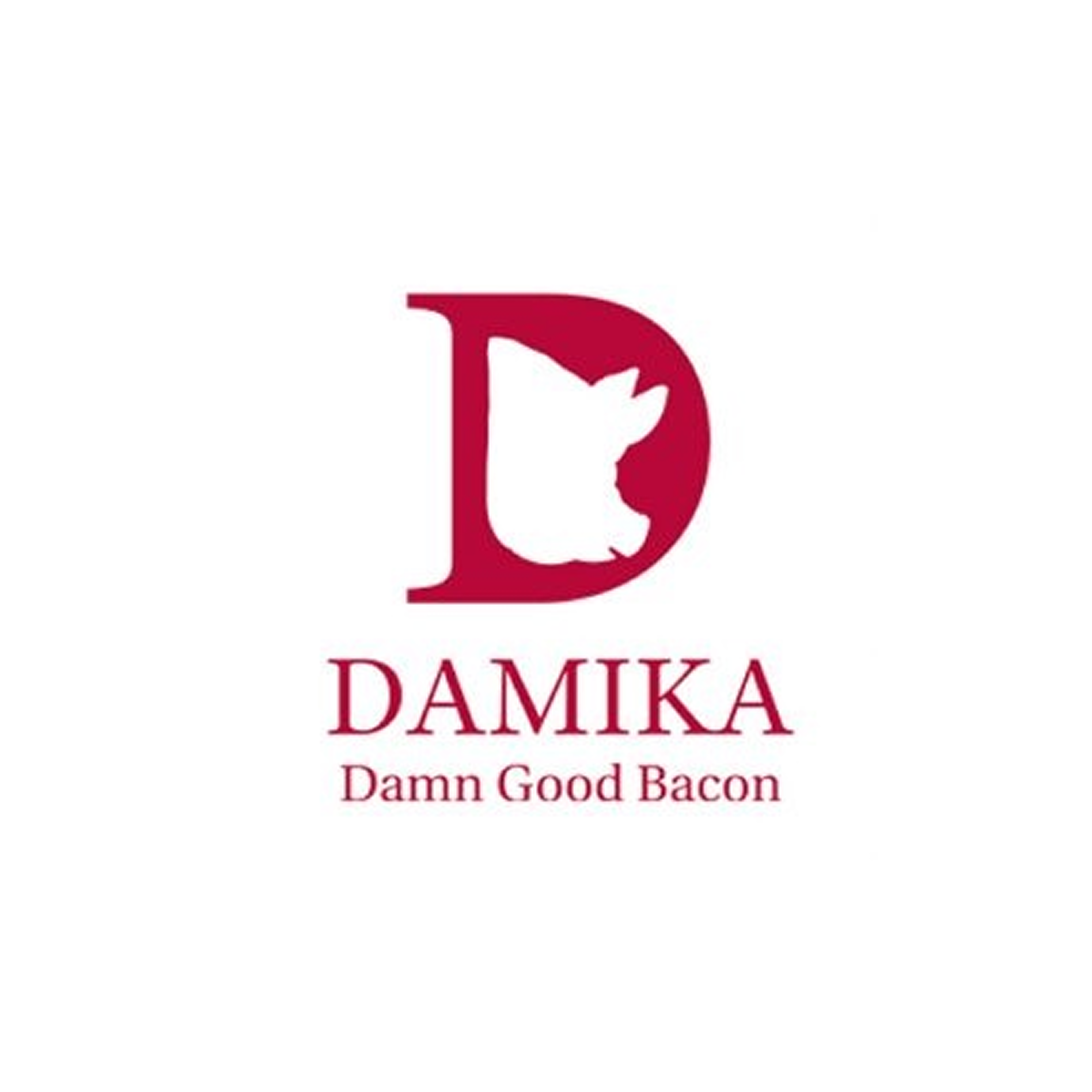 Damika logo, red D with pig silhouette, 'Damn Good Bacon'