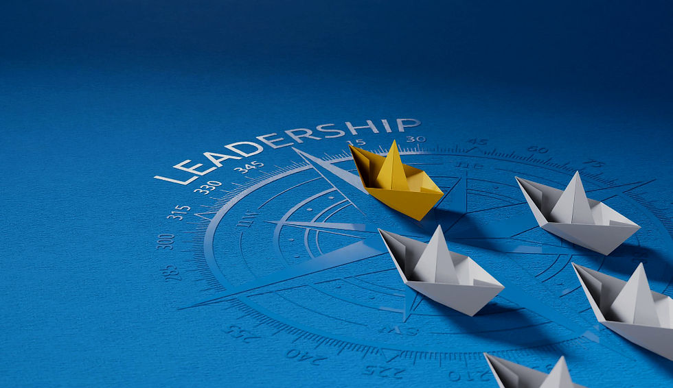 Golden paper boat leads grey boats with LEADERSHIP text on blue compass.