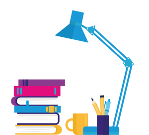Books, mug, pencils, and desk lamp