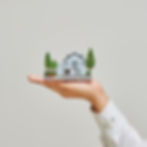 Hand holding a miniature house with trees in front of plain background.