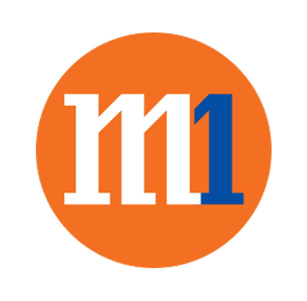 Orange circular logo with white "m" and blue "1" text