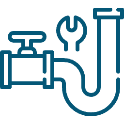 Plumbing icon featuring a wrench, pipe, and valve in blue color.