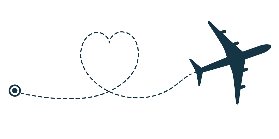 Airplane flies from a heart shape, travel concept, dark background, love journey