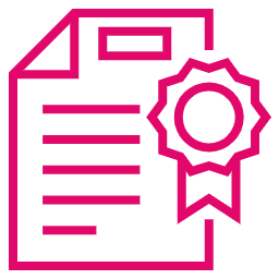 Pink icon of an official document with a sealed award ribbon.